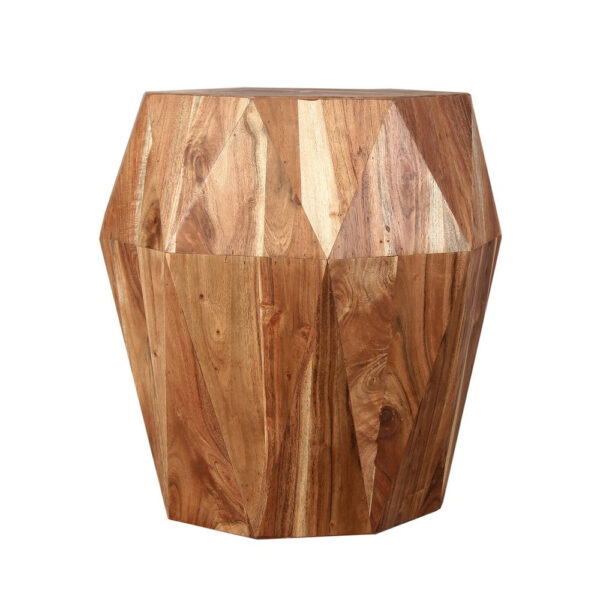 Bon 22 Inch Artisanal Side End Table, Multifaceted Solid Acacia Wood, Octagon Top, Natural Brown