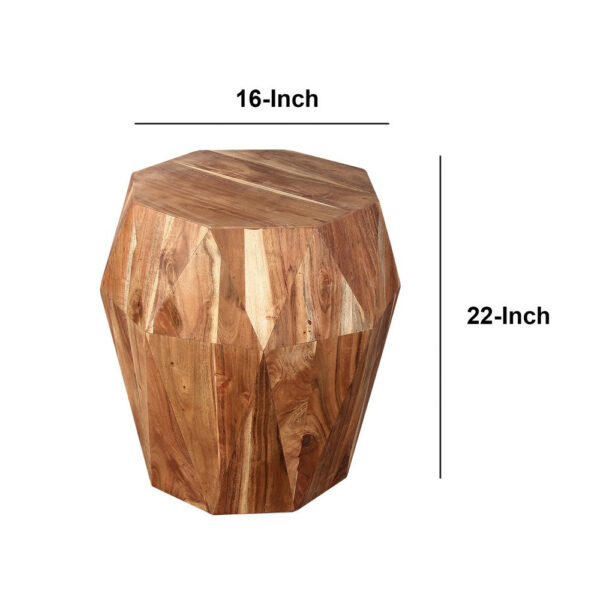 Bon 22 Inch Artisanal Side End Table, Multifaceted Solid Acacia Wood, Octagon Top, Natural Brown