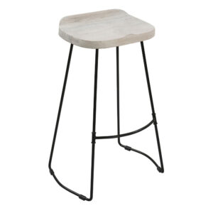 Tiva 30 Inch Handcrafted Backless Barstool, Whitewashed Mango Wood Saddle Seat, Black Metal Base