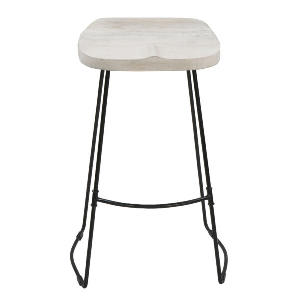 Tiva 30 Inch Handcrafted Backless Barstool, Whitewashed Mango Wood Saddle Seat, Black Metal Base