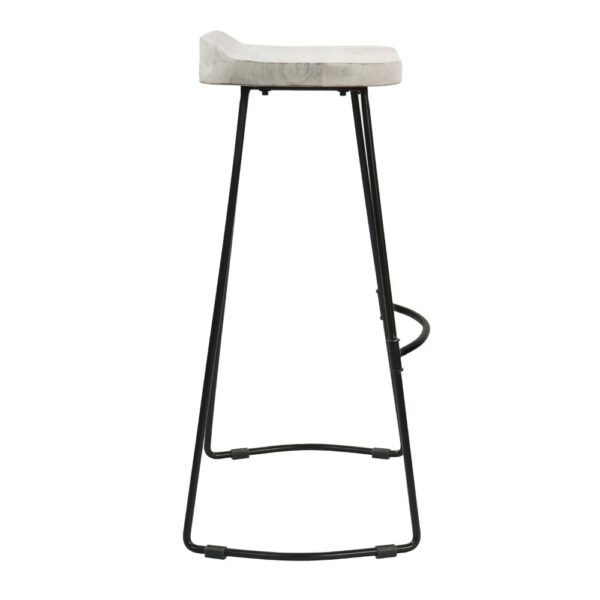 Tiva 30 Inch Handcrafted Backless Barstool, Whitewashed Mango Wood Saddle Seat, Black Metal Base