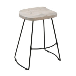 Tiva 24 Inch Handcrafted Backless Counter Height Stool, Whitewashed Mango Wood Saddle Seat, Black Metal Base