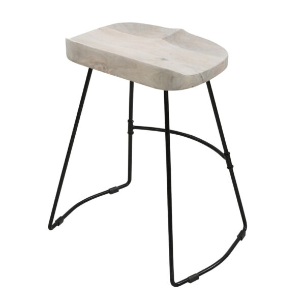 Tiva 24 Inch Handcrafted Backless Counter Height Stool, Whitewashed Mango Wood Saddle Seat, Black Metal Base