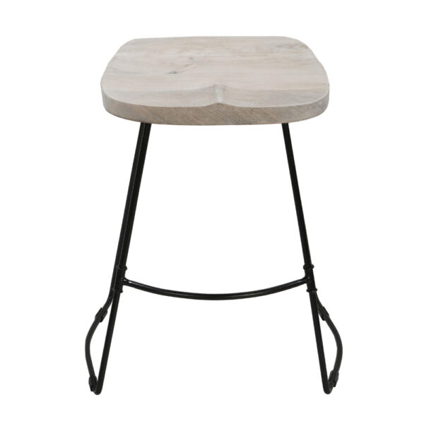 Tiva 24 Inch Handcrafted Backless Counter Height Stool, Whitewashed Mango Wood Saddle Seat, Black Metal Base