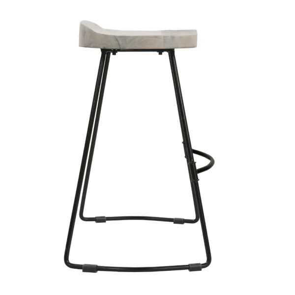 Tiva 24 Inch Handcrafted Backless Counter Height Stool, Whitewashed Mango Wood Saddle Seat, Black Metal Base