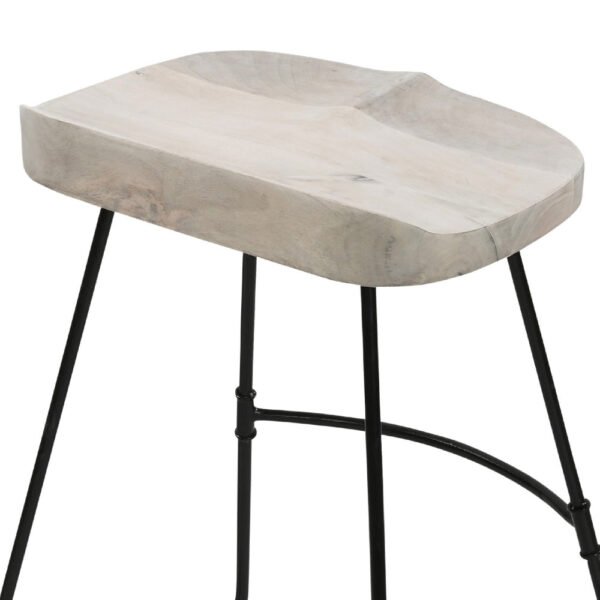 Tiva 24 Inch Handcrafted Backless Counter Height Stool, Whitewashed Mango Wood Saddle Seat, Black Metal Base