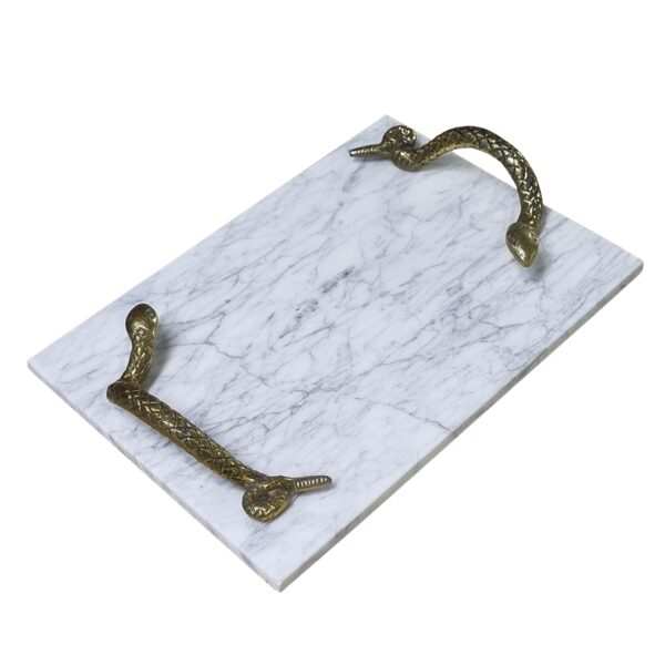 Mamba White Marble Decorative Serving Tray with Brass Snake Handles