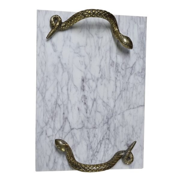 Mamba White Marble Decorative Serving Tray with Brass Snake Handles