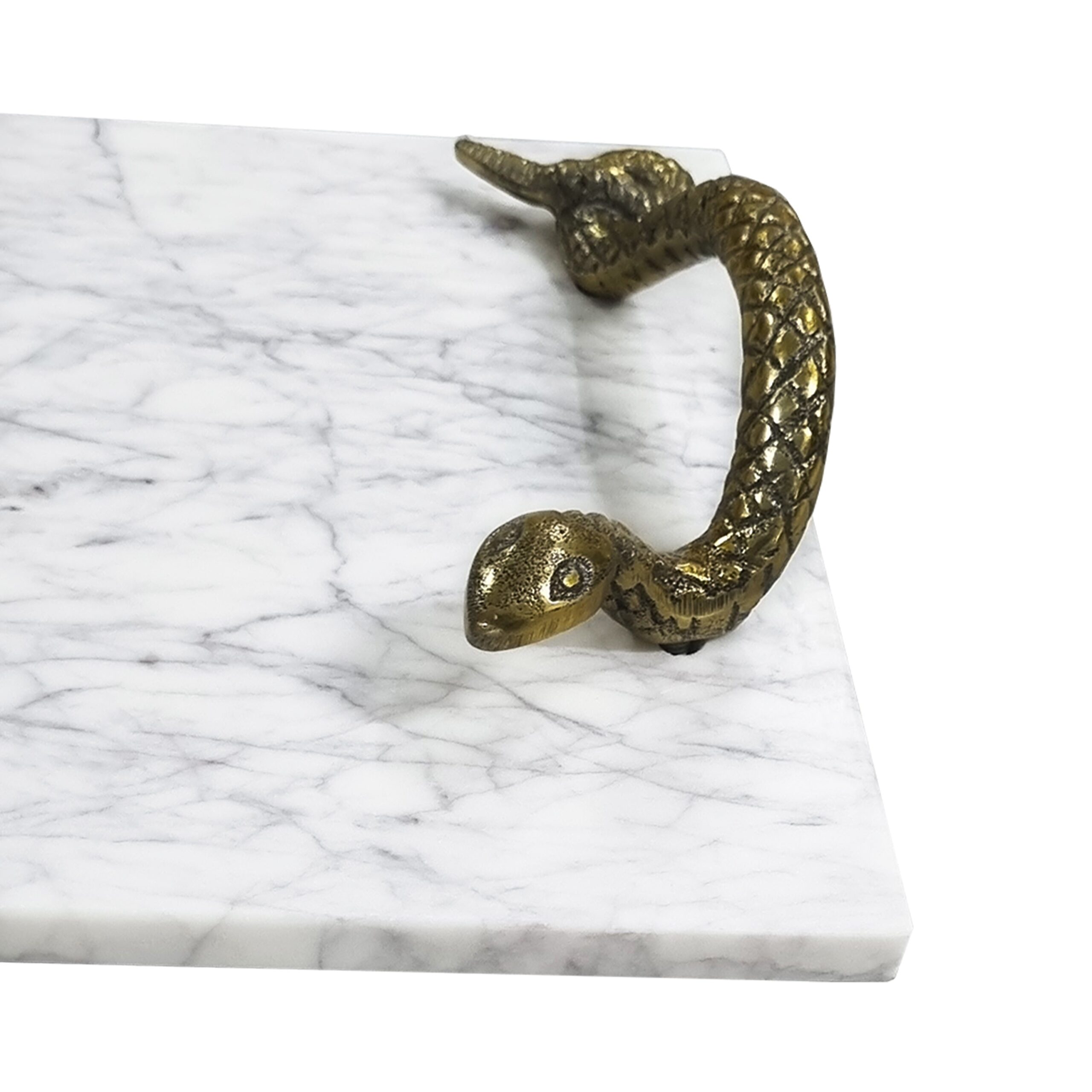 Mamba White Marble Decorative Serving Tray with Brass Snake Handles
