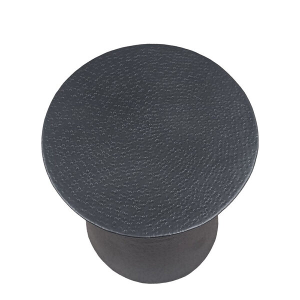 Josi 21 Inch Round Side End Table, Handcrafted Hammered Design, Drum Pedestal Aluminum Base, Matte Black