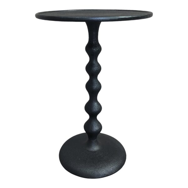 Shae 22 Inch Round Side End Table - Matte Black Aluminum Cast, Hammered Texture, Turned Pedestal Post