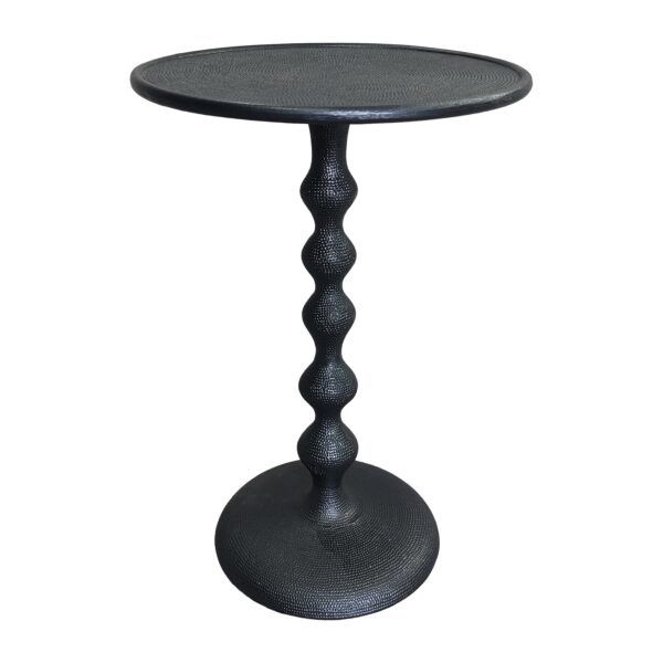 Shae 22 Inch Round Side End Table - Matte Black Aluminum Cast, Hammered Texture, Turned Pedestal Post