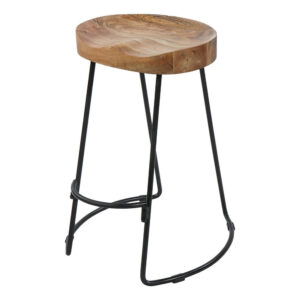 Ela 24 Inch Mango Wood Industrial Counter Height Stool, Saddle Seat, Iron, Set of 2, Brown, Black