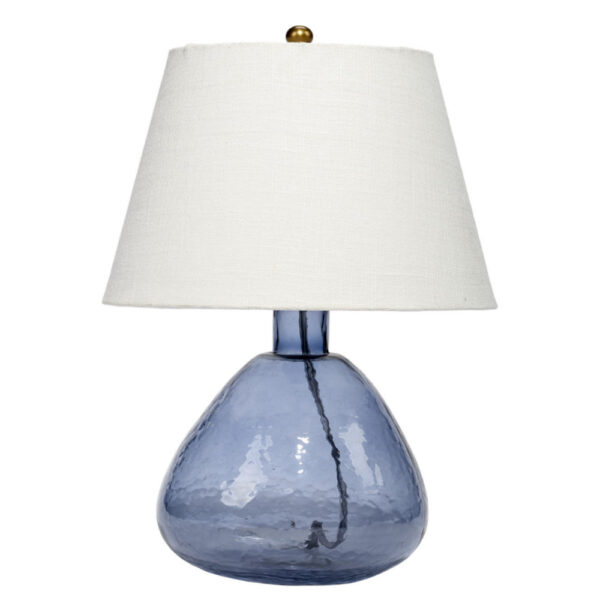Navi 17 Inch Table Lamp, White Linen Drum Shade, Blue Glass Curved Body