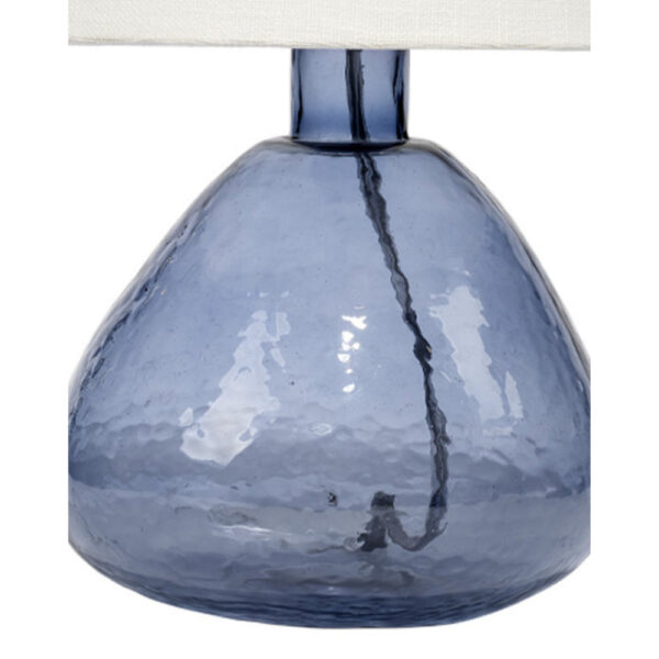 Navi 17 Inch Table Lamp, White Linen Drum Shade, Blue Glass Curved Body