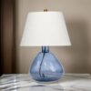 Navi 17 Inch Table Lamp, White Linen Drum Shade, Blue Glass Curved Body