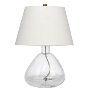 Navi 17 Inch Table Lamp, White Linen Drum Shade, Clear Glass Curved Body