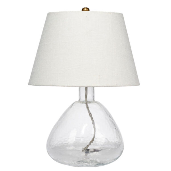 Navi 17 Inch Table Lamp, White Linen Drum Shade, Clear Glass Curved Body