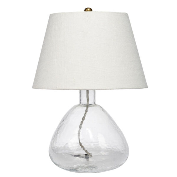 Navi 17 Inch Table Lamp, White Linen Drum Shade, Clear Glass Curved Body