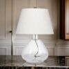 Navi 17 Inch Table Lamp, White Linen Drum Shade, Clear Glass Curved Body