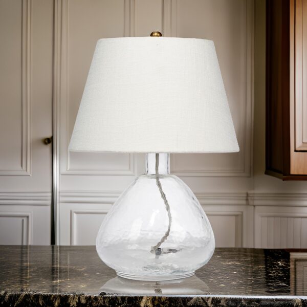Navi 17 Inch Table Lamp, White Linen Drum Shade, Clear Glass Curved Body