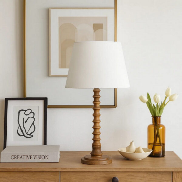 Dio 31 Inch Table Lamp, White Slub Drum Shade, Brown Turned Wood Base