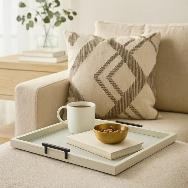 Yela Decorative Tray, 27x27 Square with Black Handles, Light Gray