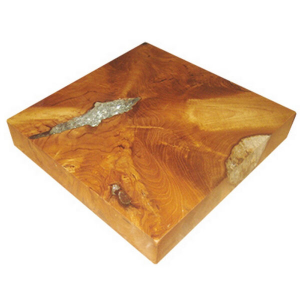11 Inch Tabletop Platform, Resin Details, Square, Natural Brown Teak Wood