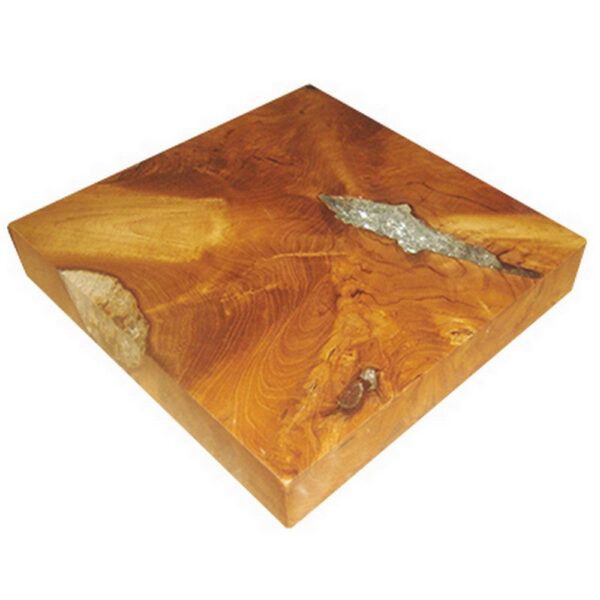 11 Inch Tabletop Platform, Resin Details, Square, Natural Brown Teak Wood