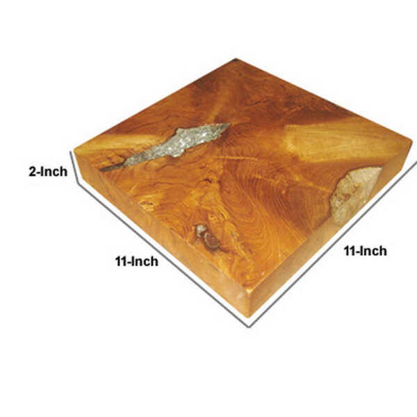 11 Inch Tabletop Platform, Resin Details, Square, Natural Brown Teak Wood
