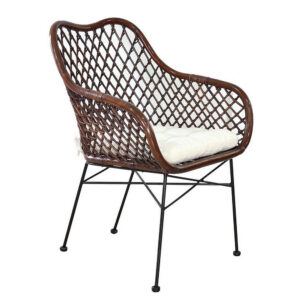 25 Inch Palapa Side Chair, Cushion, Rattan Cane, Iron Legs, White, Black