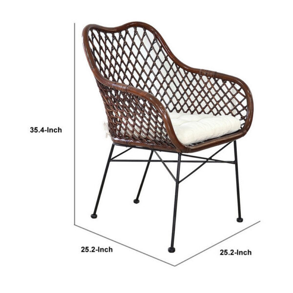 25 Inch Palapa Side Chair, Cushion, Rattan Cane, Iron Legs, White, Black