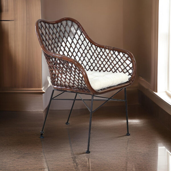 25 Inch Palapa Side Chair, Cushion, Rattan Cane, Iron Legs, White, Black