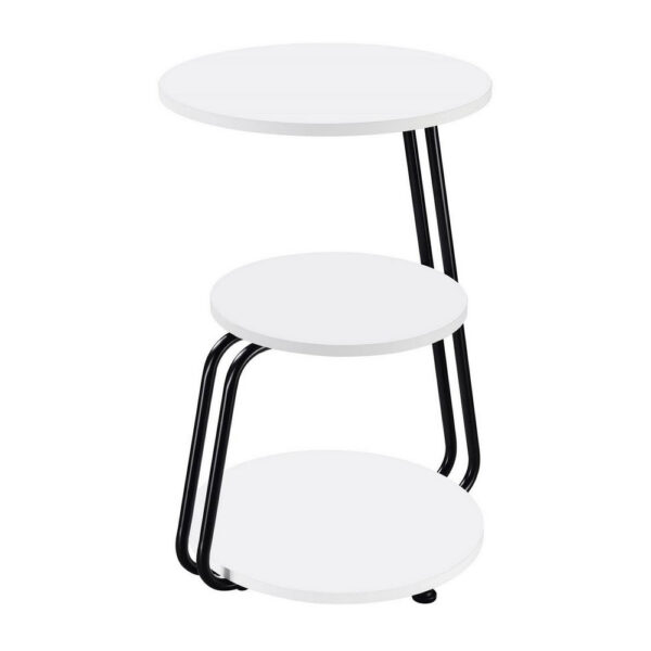 26 Inch Side End Table, 3 Tier Design, Black Metal Frame, White Finish