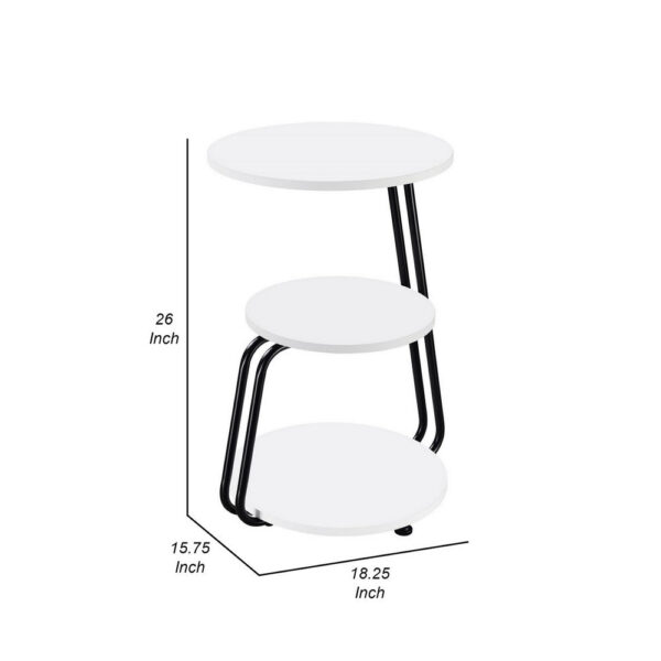 26 Inch Side End Table, 3 Tier Design, Black Metal Frame, White Finish