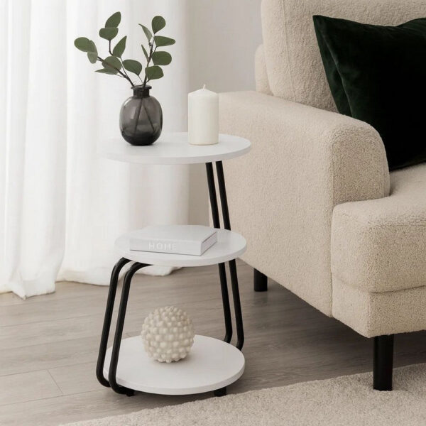26 Inch Side End Table, 3 Tier Design, Black Metal Frame, White Finish