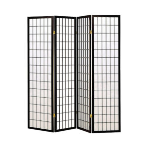 4 Panel Foldable Wooden Frame Room Divider with Grid Design, Black