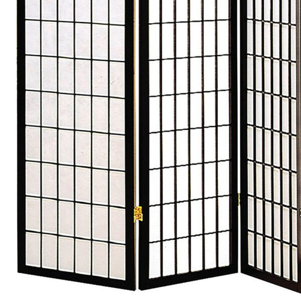 4 Panel Foldable Wooden Frame Room Divider with Grid Design, Black
