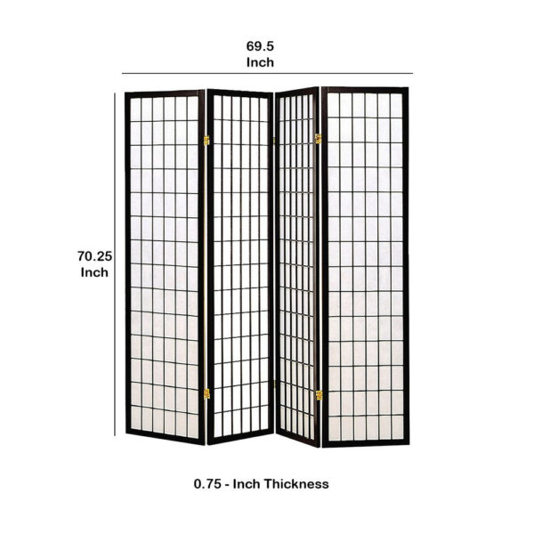 4 Panel Foldable Wooden Frame Room Divider with Grid Design, Black