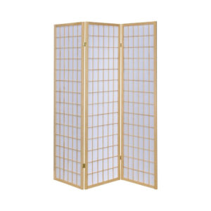 3 Panel Foldable Wooden Frame Room Divider with Grid Design, Brown
