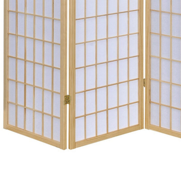 3 Panel Foldable Wooden Frame Room Divider with Grid Design, Brown
