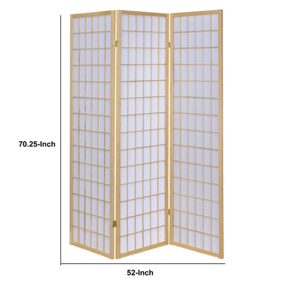 3 Panel Foldable Wooden Frame Room Divider with Grid Design, Brown