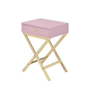 Wood and Metal Side Table with Crossed Base, Pink and Gold