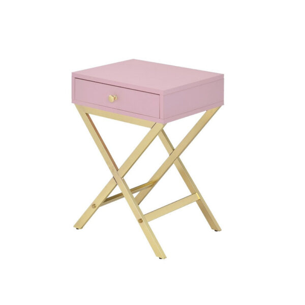 Wood and Metal Side Table with Crossed Base, Pink and Gold