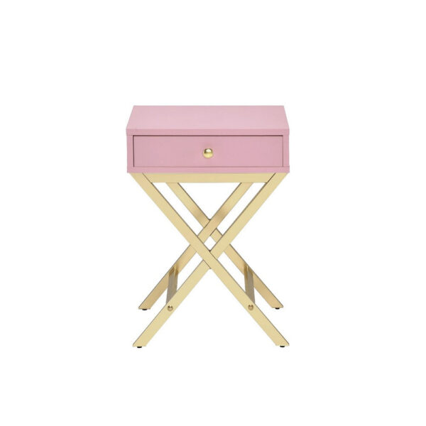 Wood and Metal Side Table with Crossed Base, Pink and Gold