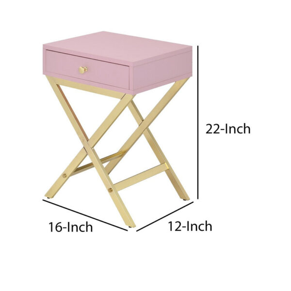 Wood and Metal Side Table with Crossed Base, Pink and Gold