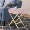 Wood and Metal Side Table with Crossed Base, Pink and Gold