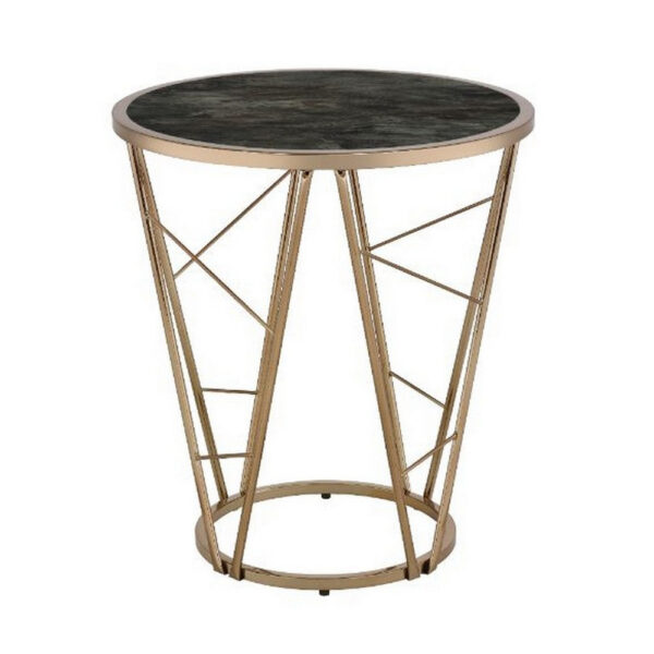 End Table with Glass Top and Geometric Frame, Black and Gold