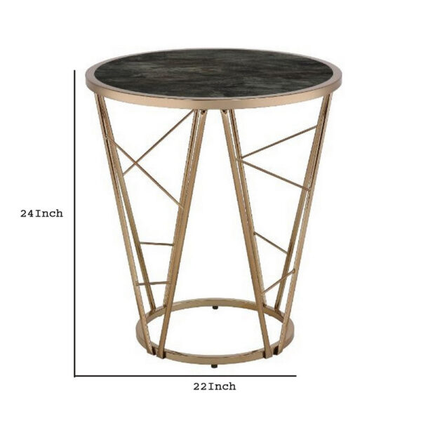 End Table with Glass Top and Geometric Frame, Black and Gold