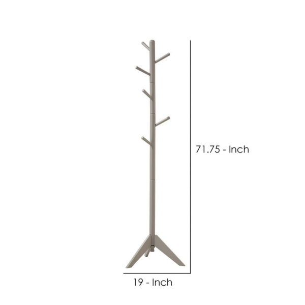 Free Standing Wooden Coat Rack with Six Hooks and Tripod Base, Gray
